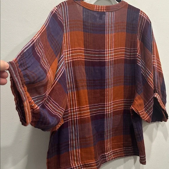 Garnet Hill Warm fall Plaid 100% organic Cotton Top blouse 3/4 sleeve size 8 - Picture 6 of 8